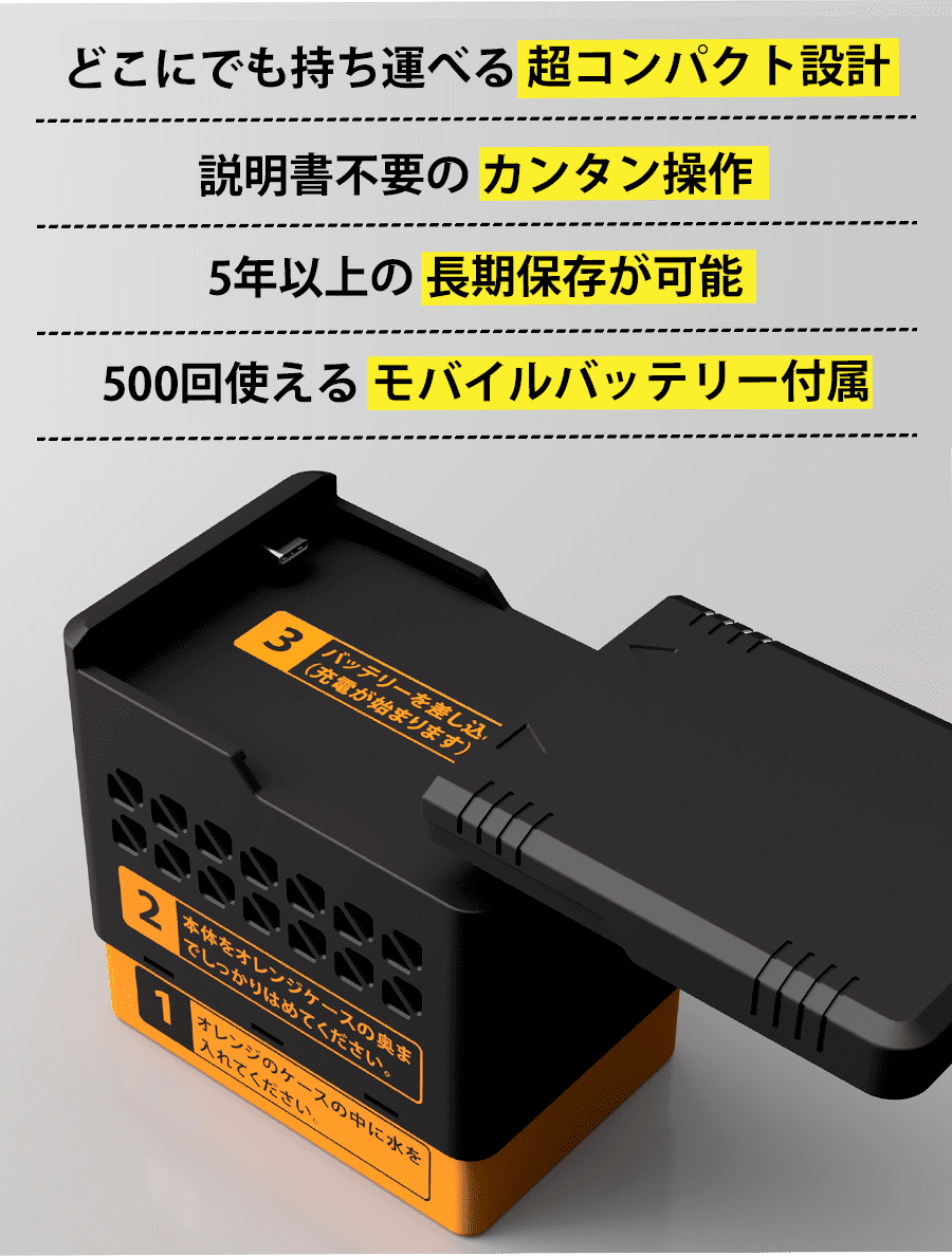 どこでも持ち運べるコンパクト設計、説明書不要のカンタン操作、5年以上の長期保存が可能、500回使えるモバイルバッテリー付