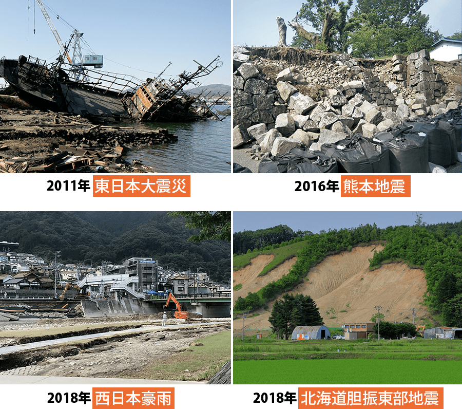 2011年東日本大震災、2016年熊本地震、2018年西日本豪雨、2018年北海道胆侵東部地震